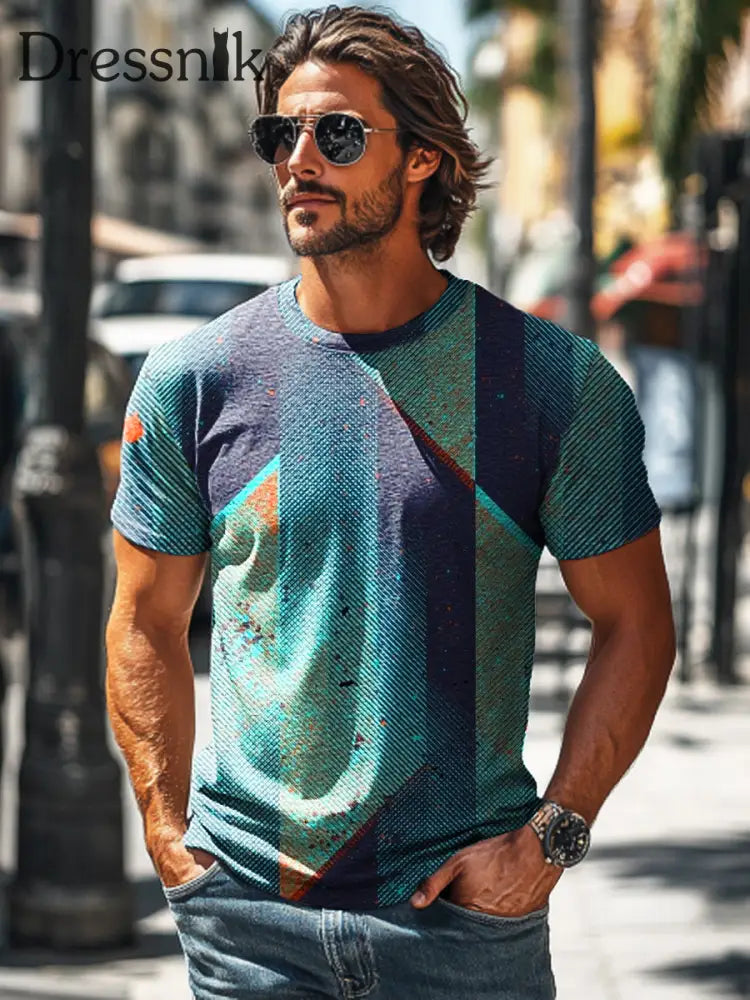 Herren-Kurzarm-T-Shirt mit Retro-Streifen bedruckt
