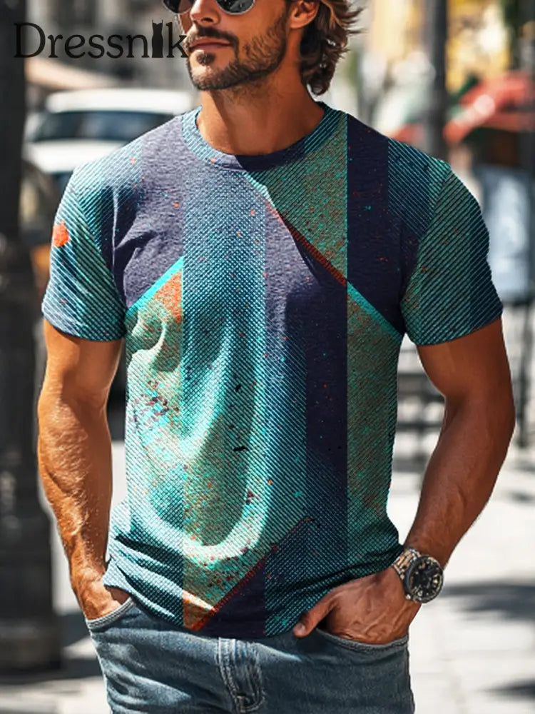 Herren-Kurzarm-T-Shirt mit Retro-Streifen bedruckt bunt / S