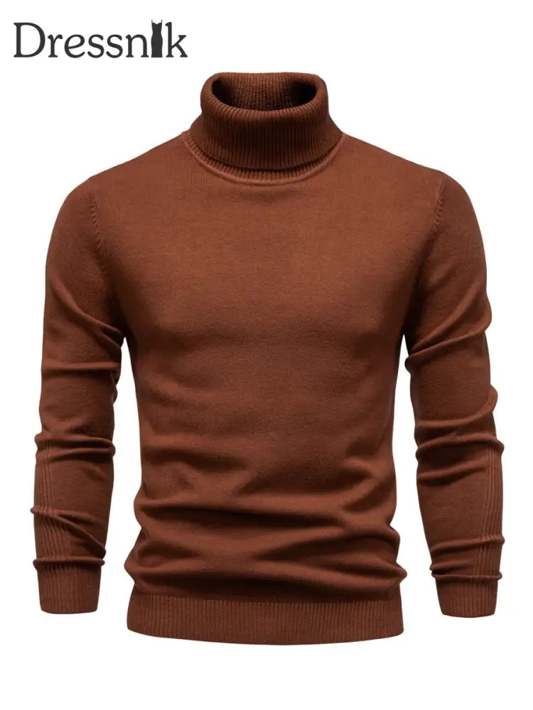 Herren Lässiger einfarbiger Roll kragen Strick pullover Kaffee / S