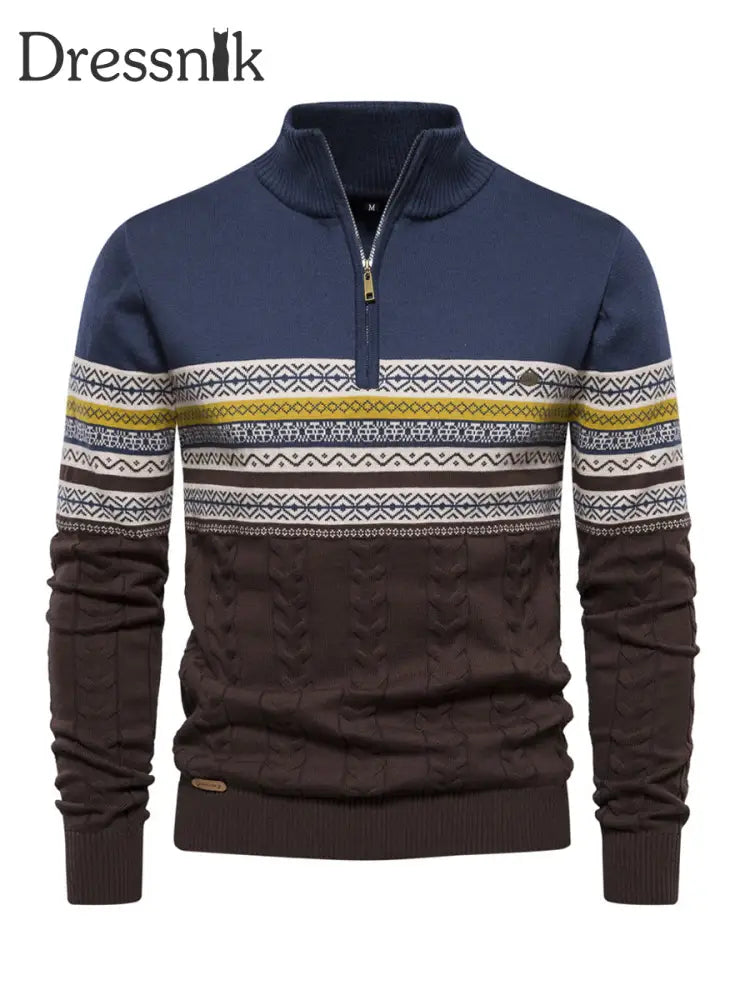 Herren Lässiger gestreifter Strick pullover mit halbem Reiß verschluss Blau / S