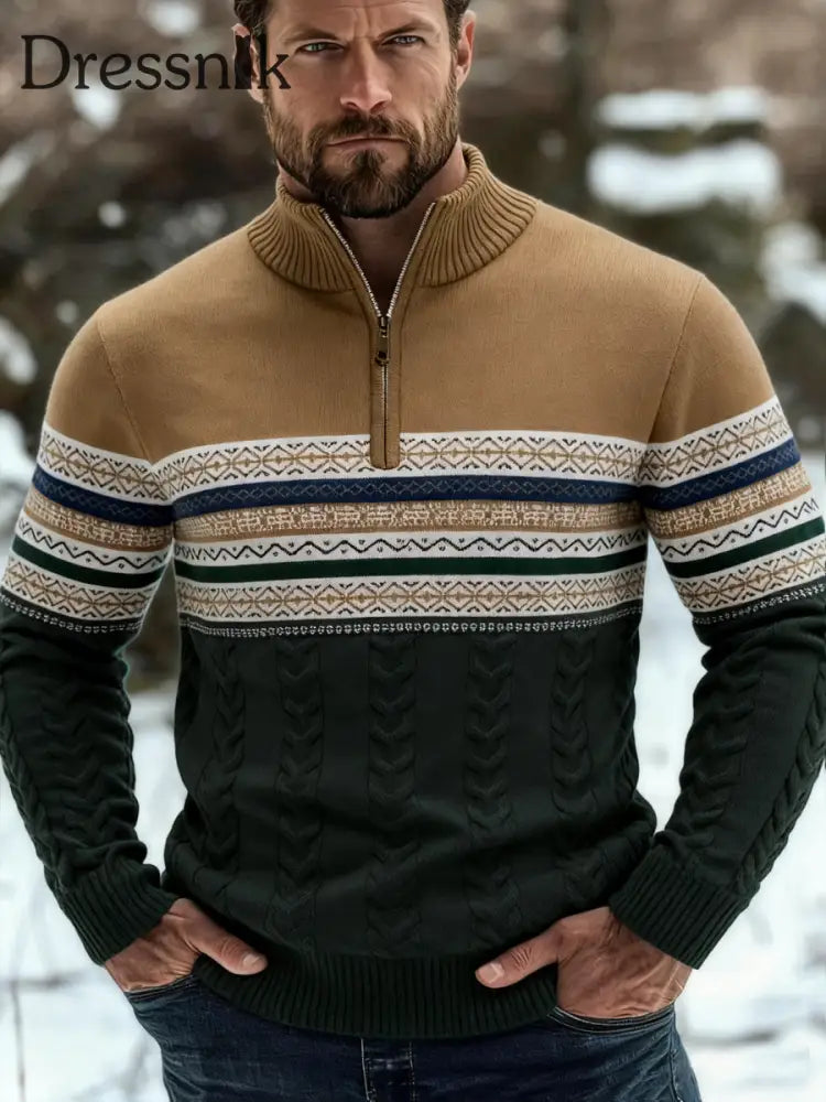 Herren Lässiger gestreifter Strick pullover mit halbem Reiß verschluss Khaki / S