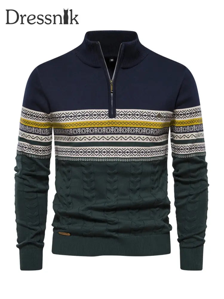Herren Lässiger gestreifter Strick pullover mit halbem Reiß verschluss Marineblau / S