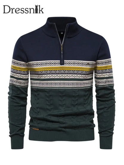 Herren Lässiger gestreifter Strick pullover mit halbem Reiß verschluss Marineblau / S