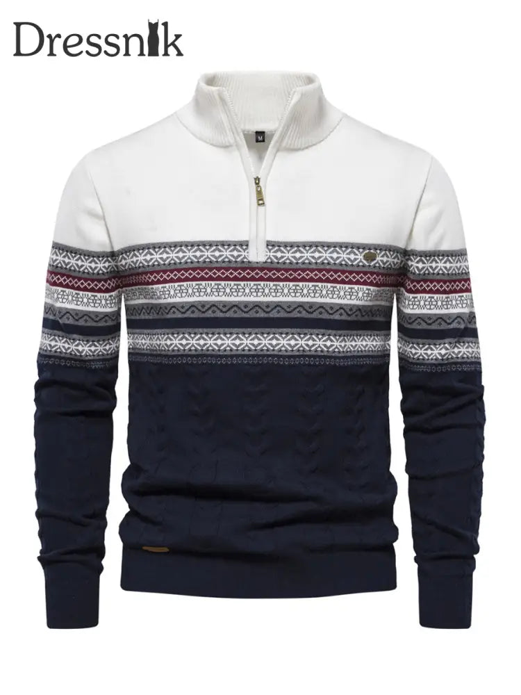 Herren Lässiger gestreifter Strick pullover mit halbem Reiß verschluss Weiß / S