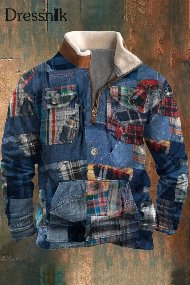 Herren Lässiges Retro-Denim-Splice-Stitching-Muster Patchwork-Pelz-Reiß Verschluss-Kragen-Sweatshirt