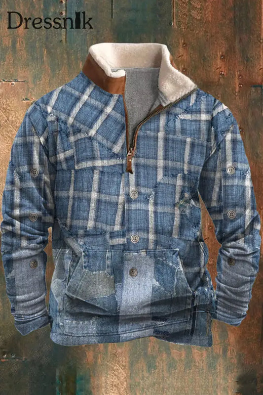 Herren Lässiges Retro-Denim-Splice-Stitching-Muster Patchwork-Pelz-Reiß Verschluss-Kragen-Sweatshirt