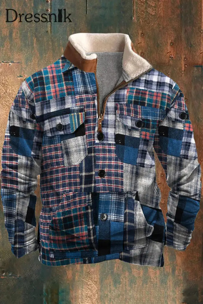 Herren Lässiges Retro-Denim-Splice-Stitching-Muster Patchwork-Pelz-Reiß Verschluss-Kragen-Sweatshirt