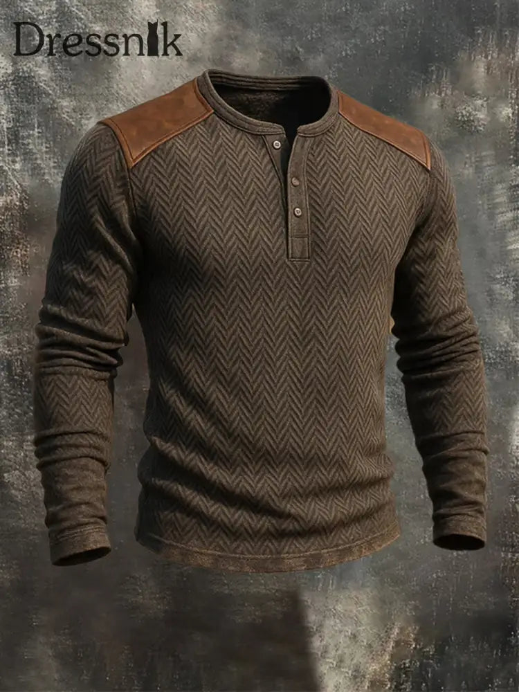 Herren Lässiges Vintage Distressed Langarm Henley Hemd Dunkelbraun / S