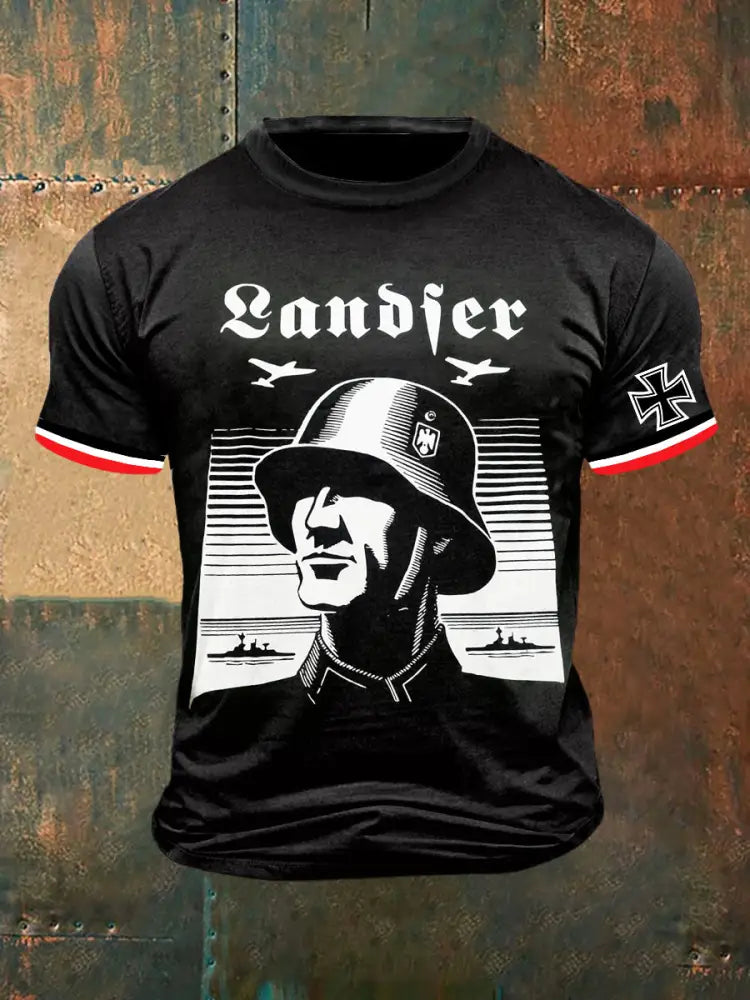 Herren Landfer Print Vintage Mode Kurzarm T-Shirt Schwarz / S