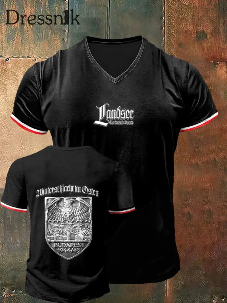 Herren Landser gedruckt Vintage Mode Kurzarm V-Ausschnitt T-Shirt Schwarz / S