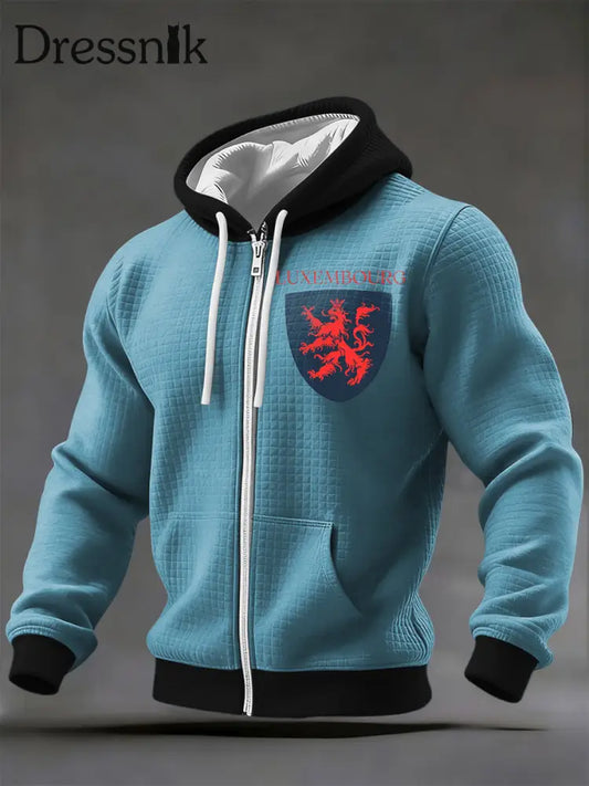 Herren Lebendige Teal Luxemburger Lion Crest Print Kapuzen jacke mit Reiß verschluss mehrfarbig / S