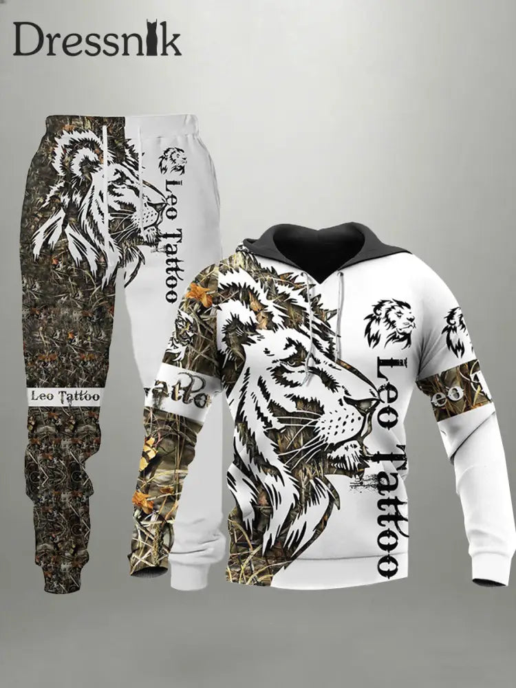 Herren Lion Hoodie und Jogging hose Set Weiß / S