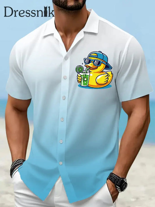 Herren lustige Ente mit Sonnenglas-Print lässig Kurzarm-Urlaubs hemd Blau / S