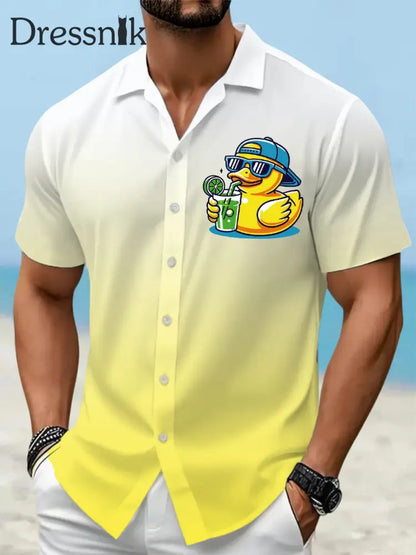 Herren lustige Ente mit Sonnenglas-Print lässig Kurzarm-Urlaubs hemd Gelb / S