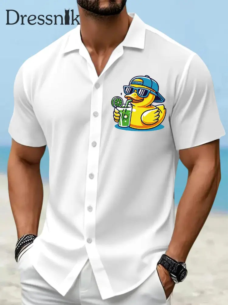 Herren lustige Ente mit Sonnenglas-Print lässig Kurzarm-Urlaubs hemd Weiß / S