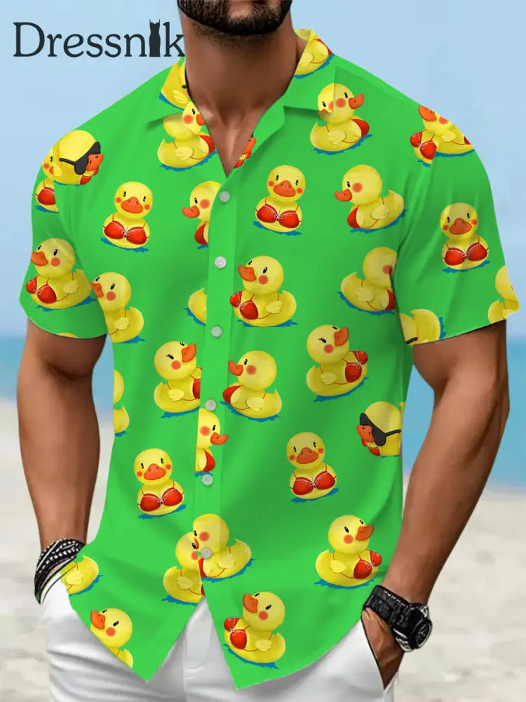 Herren lustige Enten drucken lässiges Kurzarm-Urlaubs hemd Grün / S