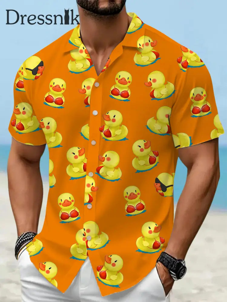 Herren lustige Enten drucken lässiges Kurzarm-Urlaubs hemd Orange / S