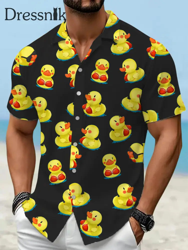 Herren lustige Enten drucken lässiges Kurzarm-Urlaubs hemd Schwarz / S