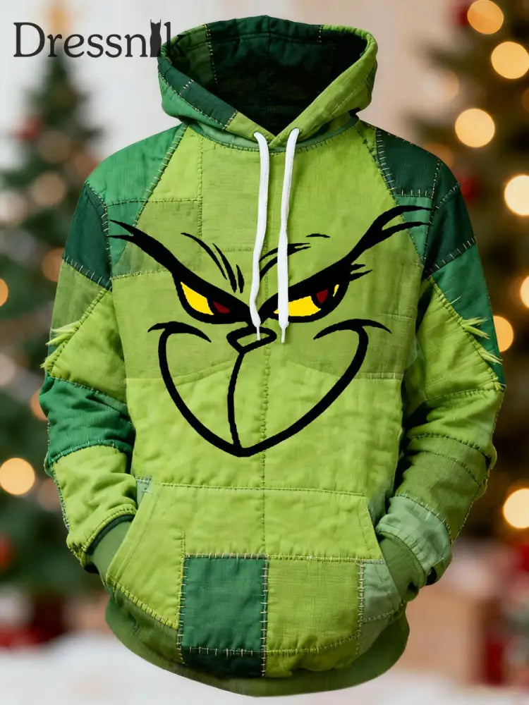 Herren lustige klassische Weihnachts-Zeichentrick figur Patchwork-Druck Casual Hoodie Grün / S