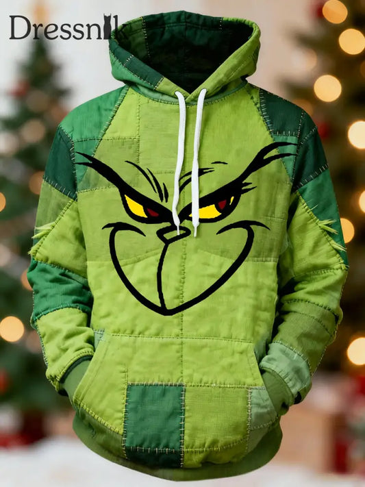 Herren lustige klassische Weihnachts-Zeichentrick figur Patchwork-Druck Casual Hoodie Grün / S