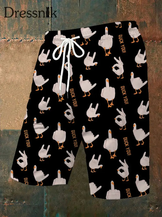 Herren lustige Mittelfinger-Offensive unhöfliche Enten-Print-Shorts Schwarz / S