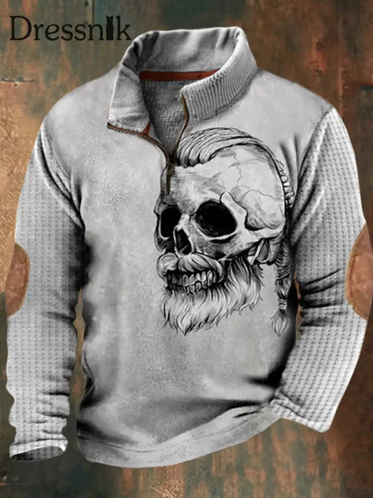 Herren Lustige Punk Skelett Print Revers Walf Checks Spleißen Reiß Verschluss Sweatshirt A / S