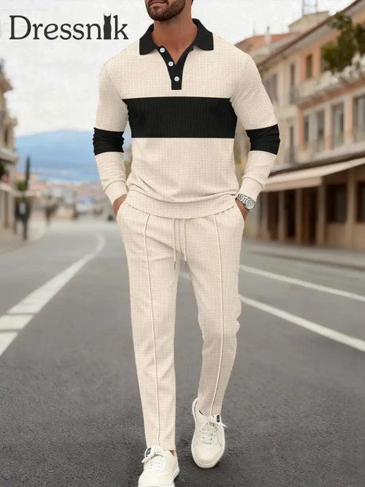 Herren minimalist isches Vintage-inspiriertes lässiges Waffel-Web-Polo-Set Khaki / S
