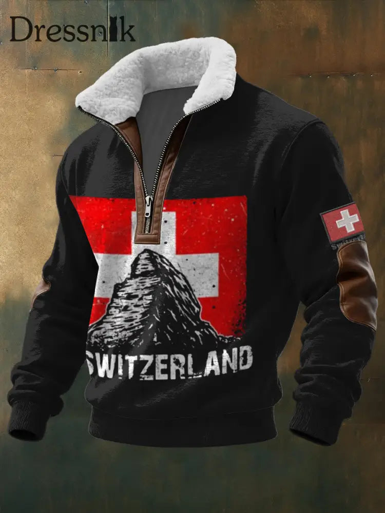 Herren Mutes Matterhorn & Schweizer Flagge Print Sherpa-Kragen Pullover mehrfarbig / S
