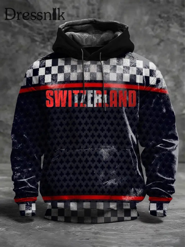 Herren Mutig karierte Schweiz Print Distressed Navy Hoodie mehrfarbig / S