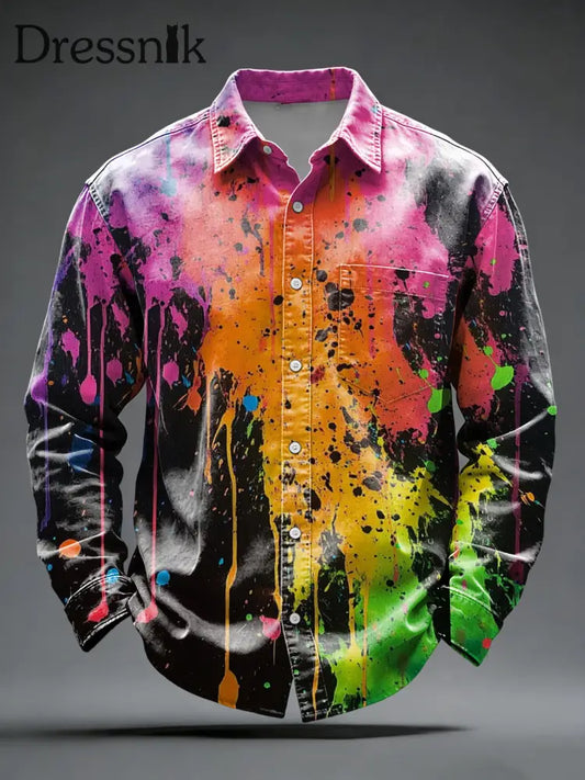 Herren-Neon-Splatter-Button-Down-Hemd mit schwarzer Basis mehrfarbig / S