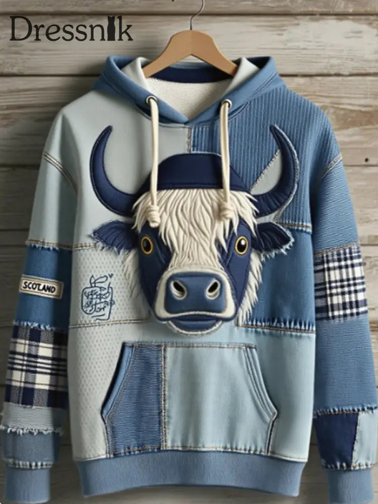 Herren Niedliche Highland Kuh Langarm Denim Patchwork Übergroßer Hoodie als bild / S