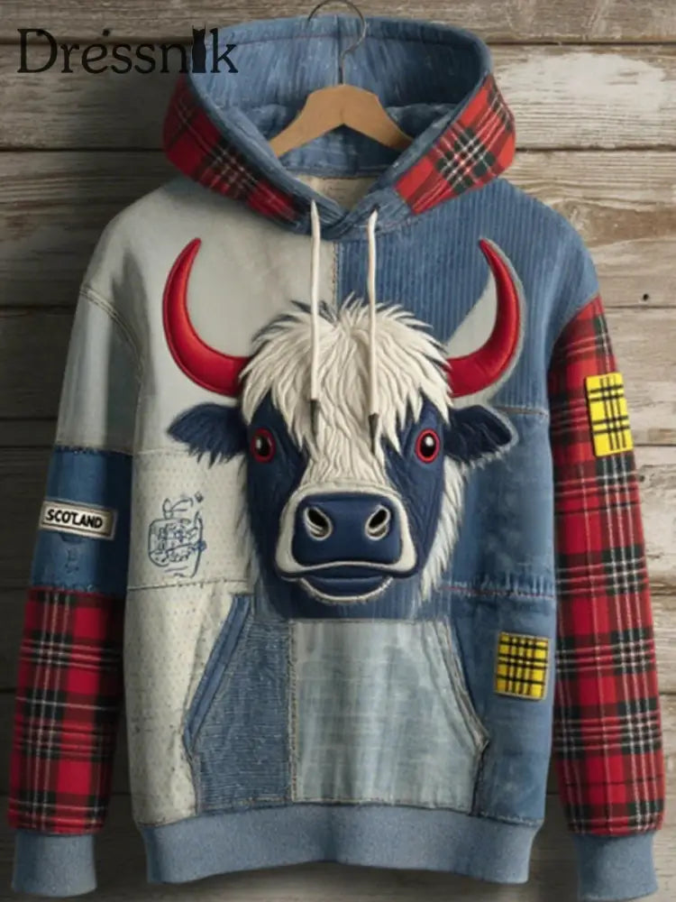Herren niedliche Highland Kuh Langarm Schottisches Plaid Patchwork Übergroße Kapuze als bild / S