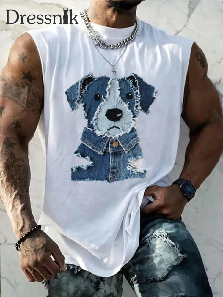 Herren niedliches Hunde muster Patchwork Art Tank Top Weiß / S