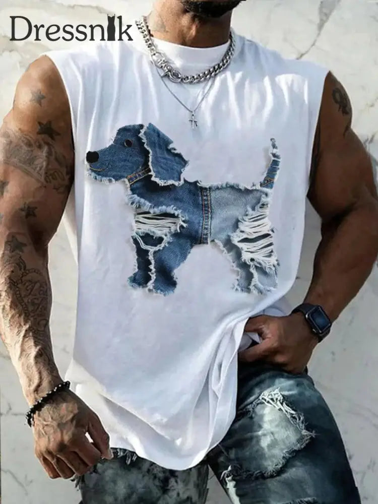 Herren niedliches Hunde-Patchwork-Kunst-Tank-Top Weiß / S