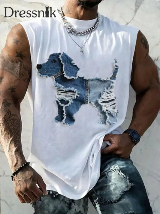 Herren niedliches Hunde-Patchwork-Kunst-Tank-Top Weiß / S