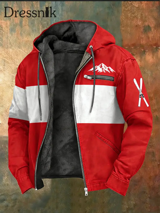 Herren Österreich Dynamische rot-weiße Ski-Emblem Sherpa-Gelinierte Kapuzen jacke mit Reiß verschluss mehrfarbig / S