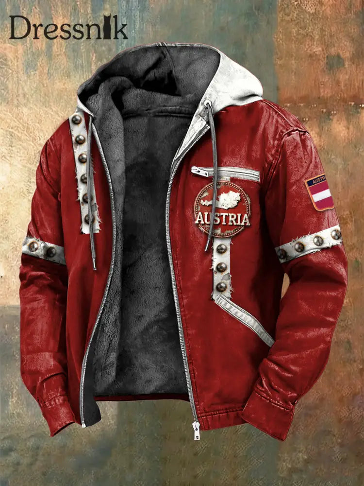 Herren Österreich ische Karte Niet druck Rot Fleece-Jacke im Biker-Stil Rot / S