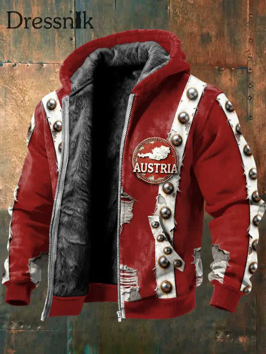 Herren Österreich ische Karte Niet druck Rot Vintage Fleece-Jacke Rot / S