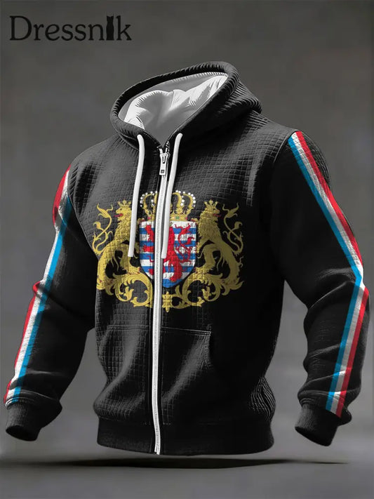 Herren Opulente goldene luxemburg ische Jacke mit königlichem Wappen mit Reiß verschluss mehrfarbig / S