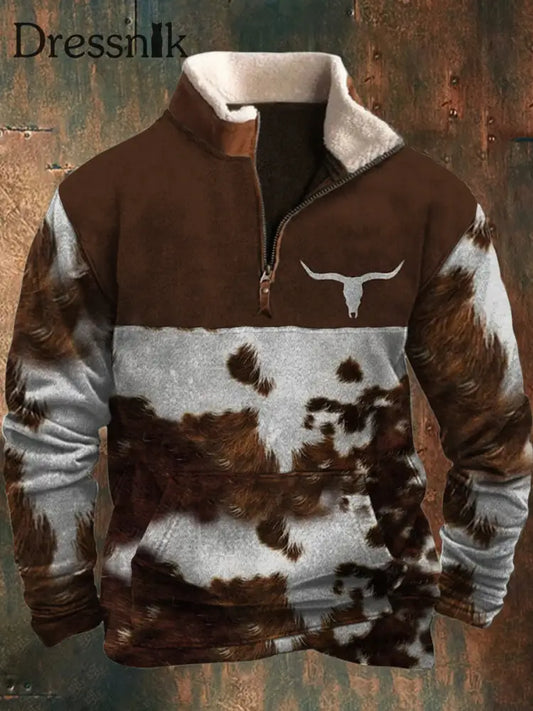 Herren OX Kopf Pelz Spleißen Tiermuster 3D-Druck Pelzkragen Reiß verschluss Flush Outdoor Sweatshirt A / S