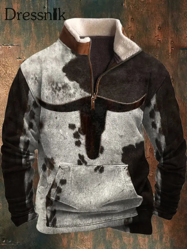 Herren OX Kopf Pelz Tiermuster 3D-Druck Pelzkragen Reiß verschluss Flush Outdoor Sweatshirt A / S