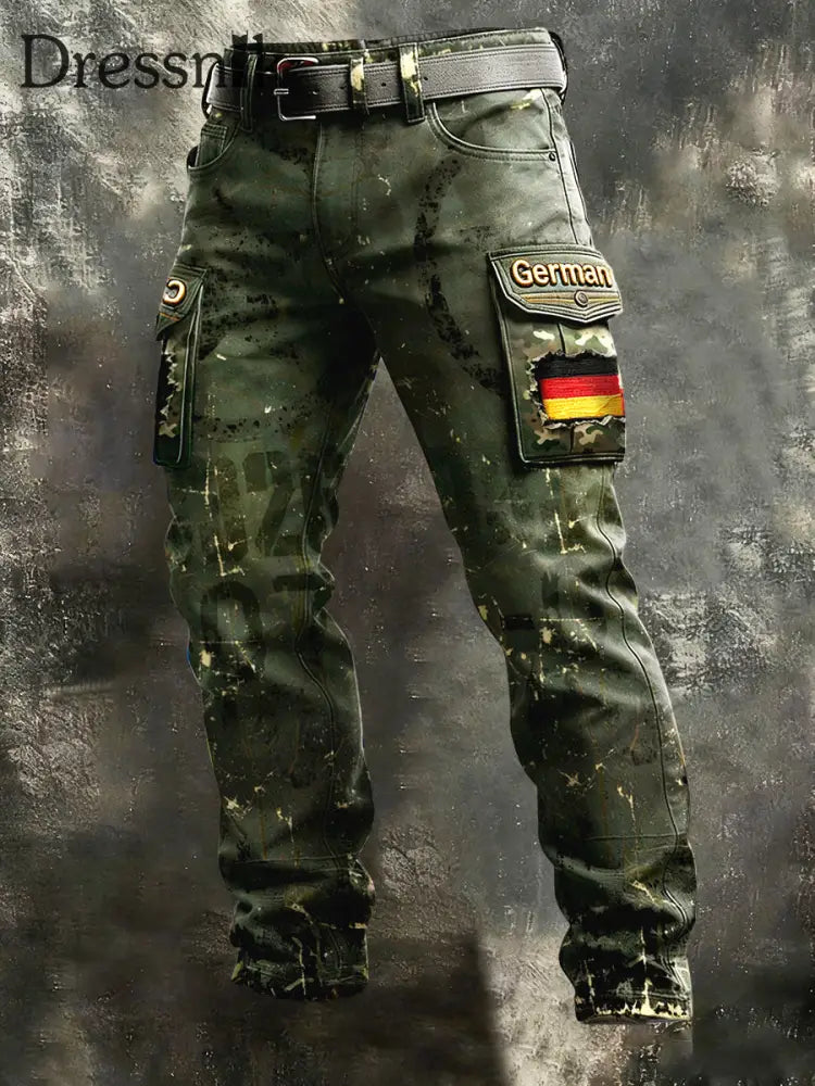Herren-Patchwork-Druck-Freizeit-Arbeits hose mit deutscher Flagge Grün / S