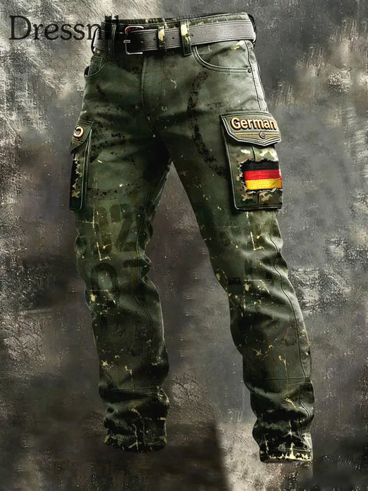 Herren-Patchwork-Druck-Freizeit-Arbeits hose mit deutscher Flagge Grün / S