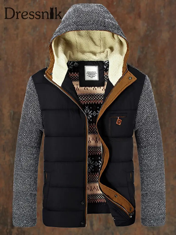 Herren Patchwork Winter Baumwolle Reiß Verschluss Gepolstert Kapuzen Mode Dicke Jacke Mantel