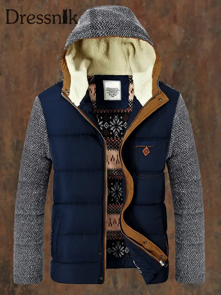 Herren Patchwork Winter Baumwolle Reiß Verschluss Gepolstert Kapuzen Mode Dicke Jacke Mantel