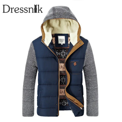 Herren Patchwork Winter Baumwolle Reiß Verschluss Gepolstert Kapuzen Mode Dicke Jacke Mantel Blau