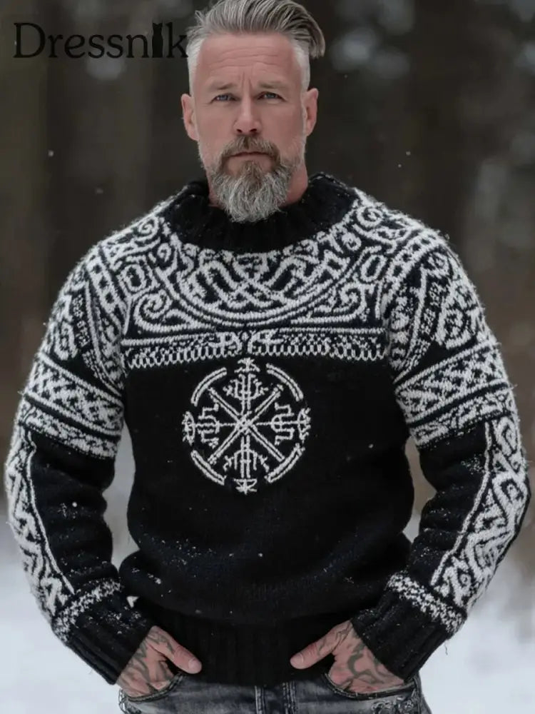 Herren Pullover im Viking-Stil Schwarz und Weiß / S