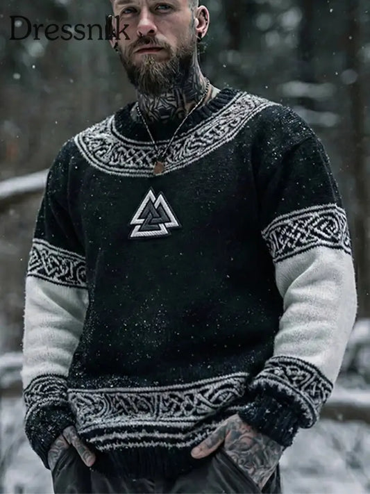 Herren Pullover im Viking-Stil Schwarz und Weiß / S