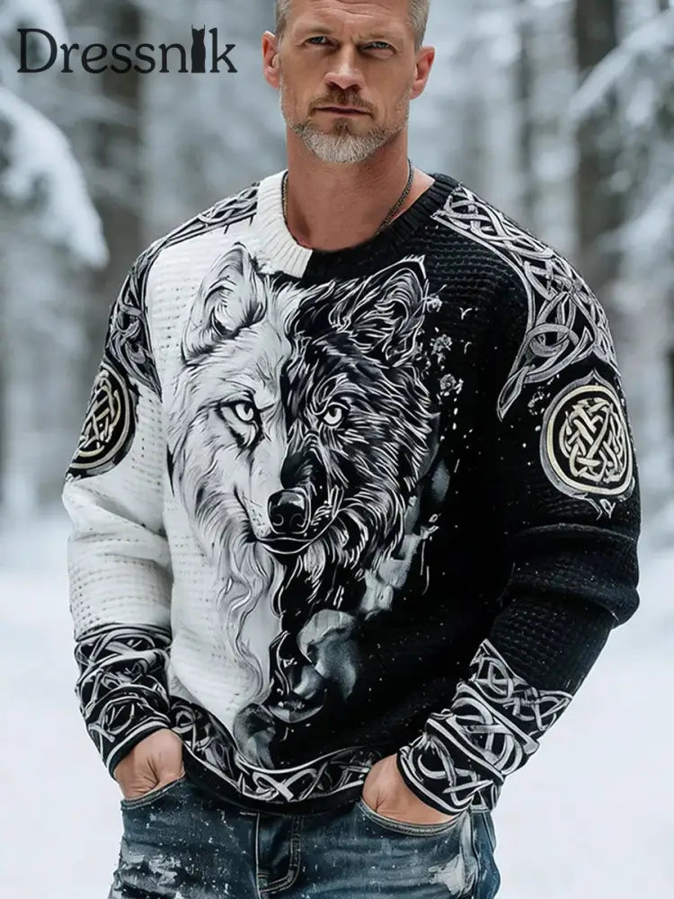 Herren Pullover im Viking-Stil Schwarz und Weiß / S