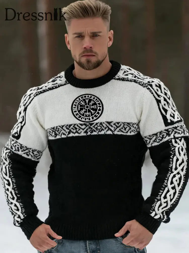 Herren Pullover im Viking-Stil Schwarz und Weiß / S